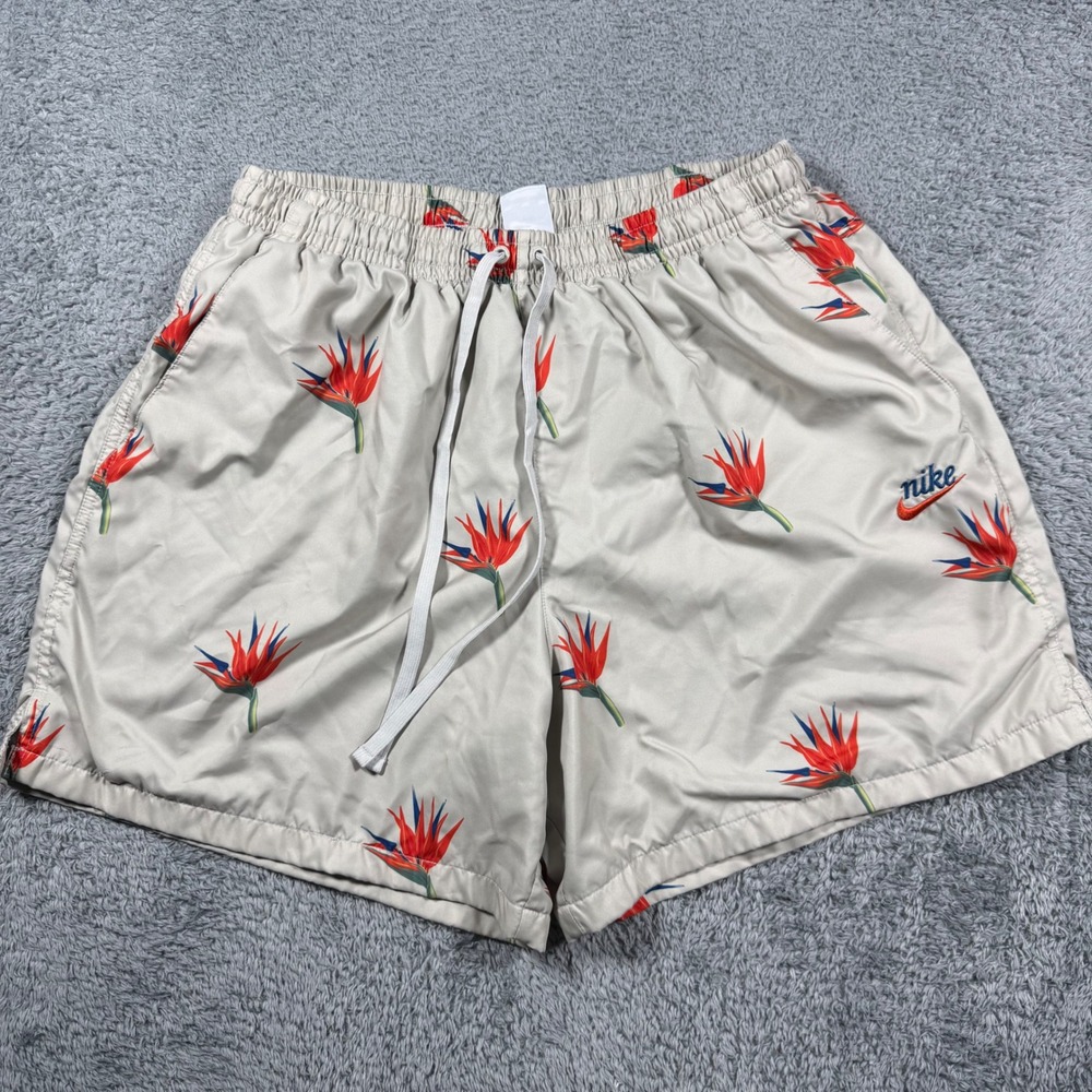 Nike Woven Shorts Men XXL Beige Bird of Paradise Floral Just Do It Mesh Lined